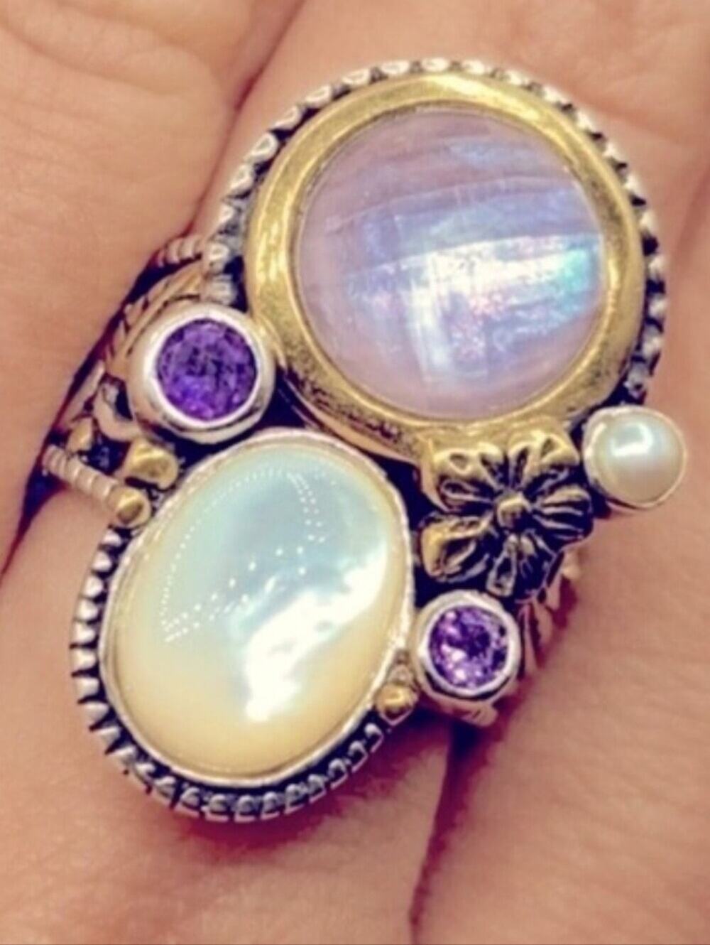 Echo of the Dreamer Lavender Moon Quartz White Flash Abalone Amethyst Pearl Ring